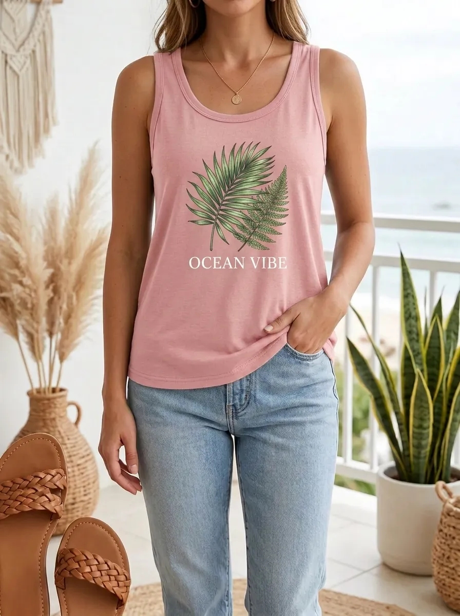 Women's Beach Lover Ocean Vibe Tropical Palm Leaf Printed Tank Top