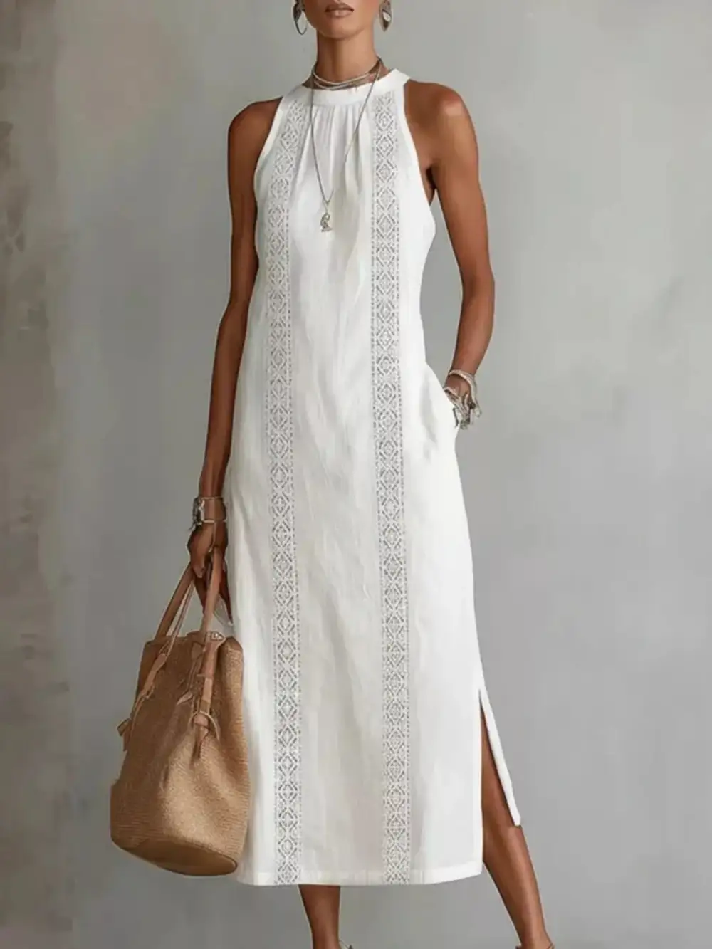 Sleeveless Lace Trim Midi Dress
