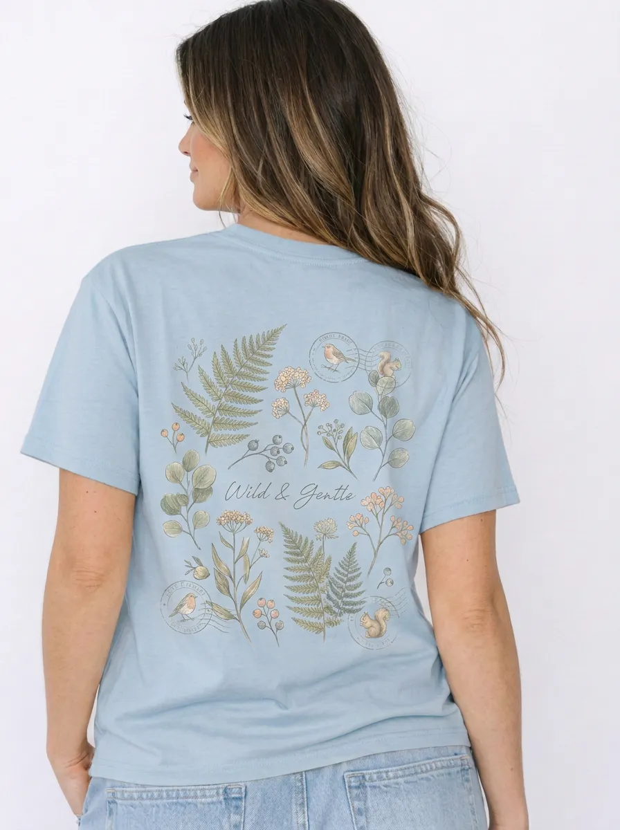 Women's Nature Lover Wild & Gentle Botanical Fern Bird Printed T-shirt