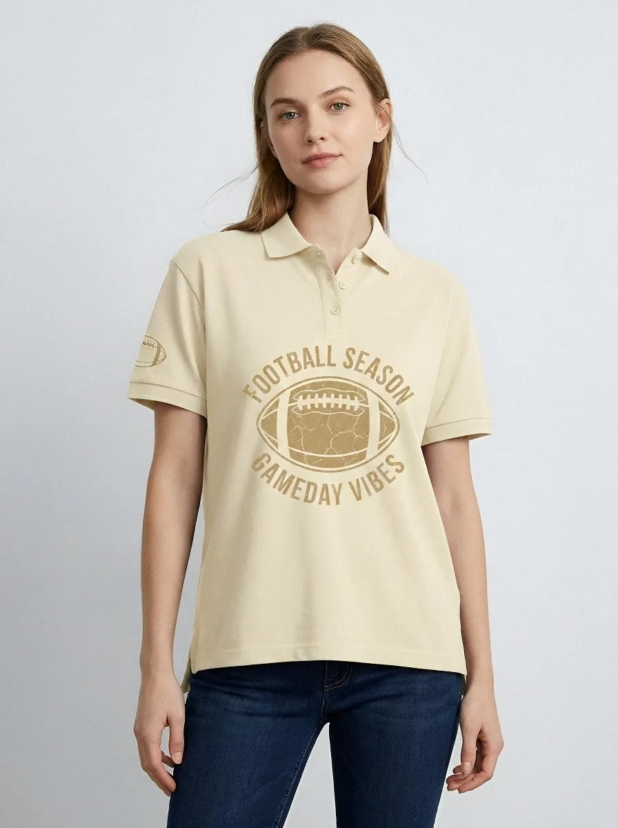 Women's Football Season Gameday Vibes Distressed Graphic Printed Polo Shirt
