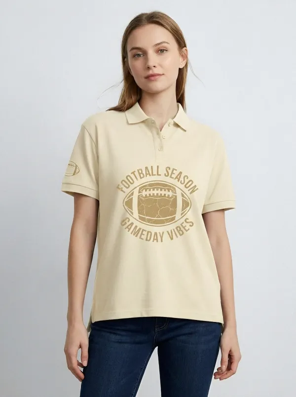 Women's Football Season Gameday Vibes Distressed Graphic Printed Polo Shirt