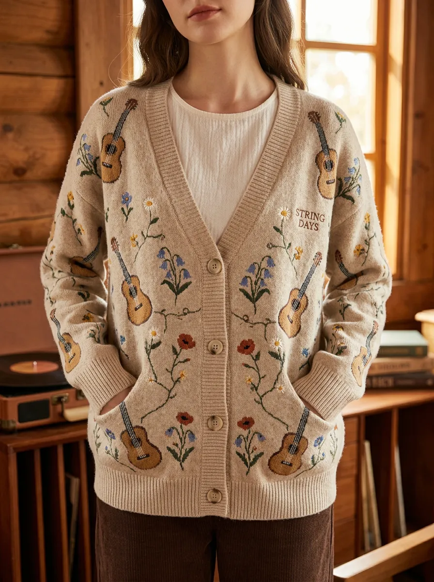 Folk-Inspired Guitar Women's Country Music Casual Cardigan