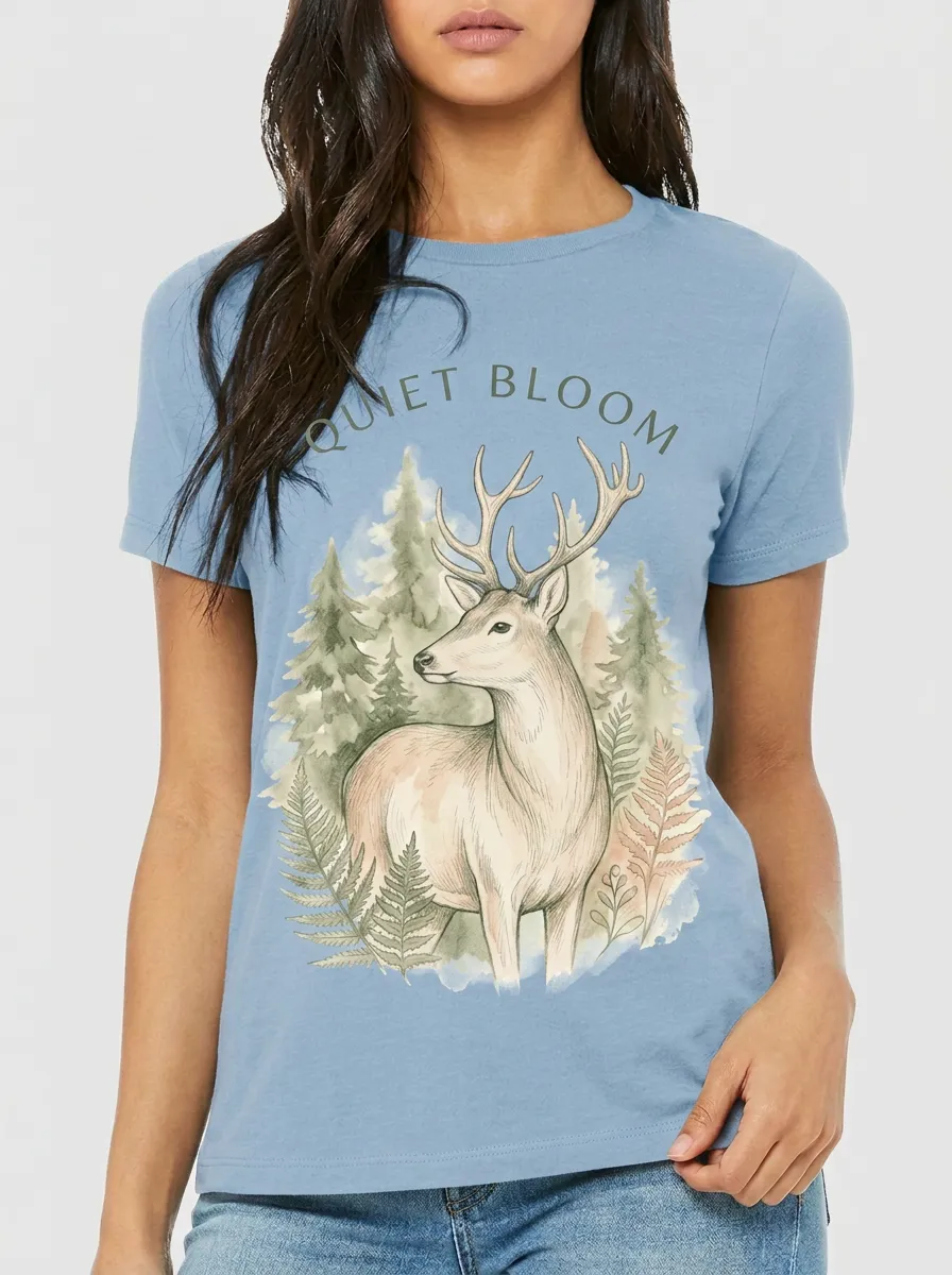Women's Nature Lover Quiet Bloom Deer Forest Printed T-shirt