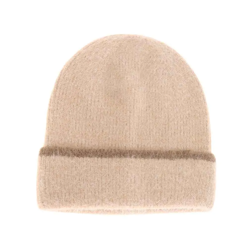 Soft Feather Yarn Striped Cuff Beanie