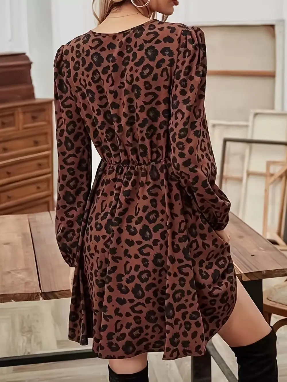 Finish Animal Print V Neck Long Sleeve Mini Dress