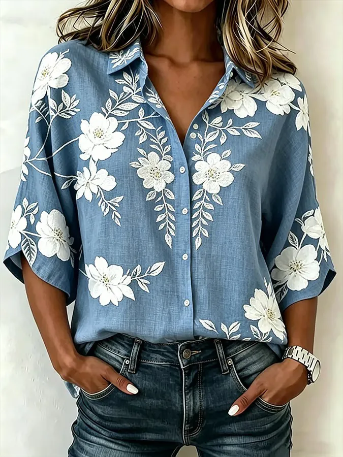 Women's Casual Collar Printed Three-Quarters Sleeved Shirt