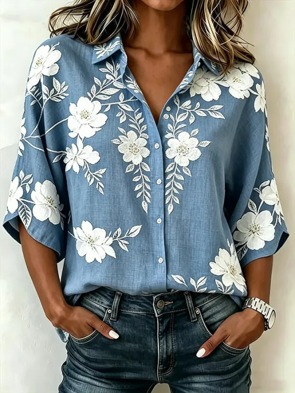 Women's Casual Collar Printed Three-Quarters Sleeved Shirt