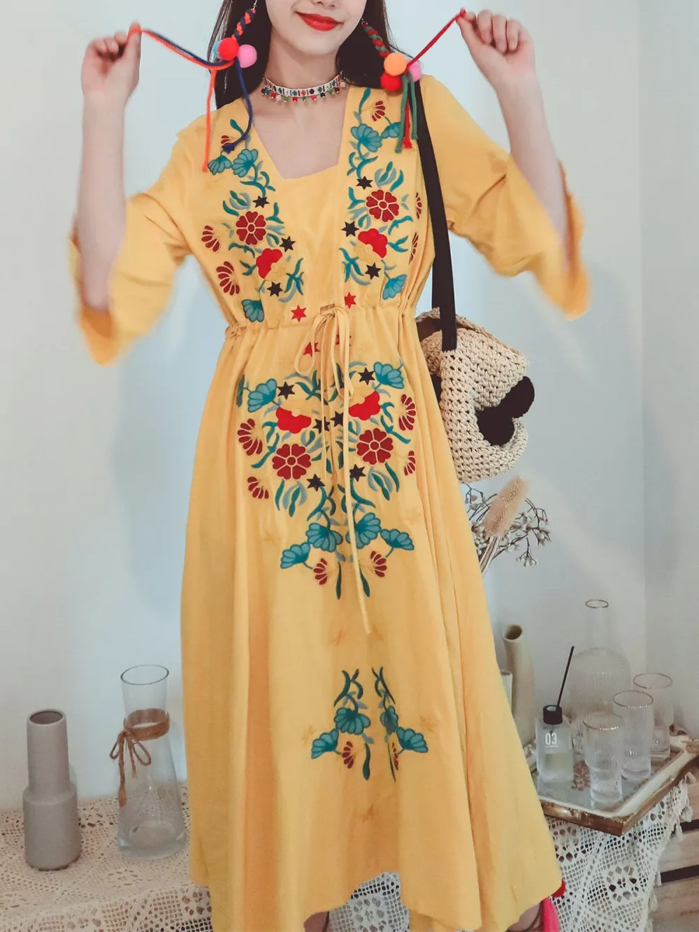 Textured Floral Embroidered Boho Maxi Dress