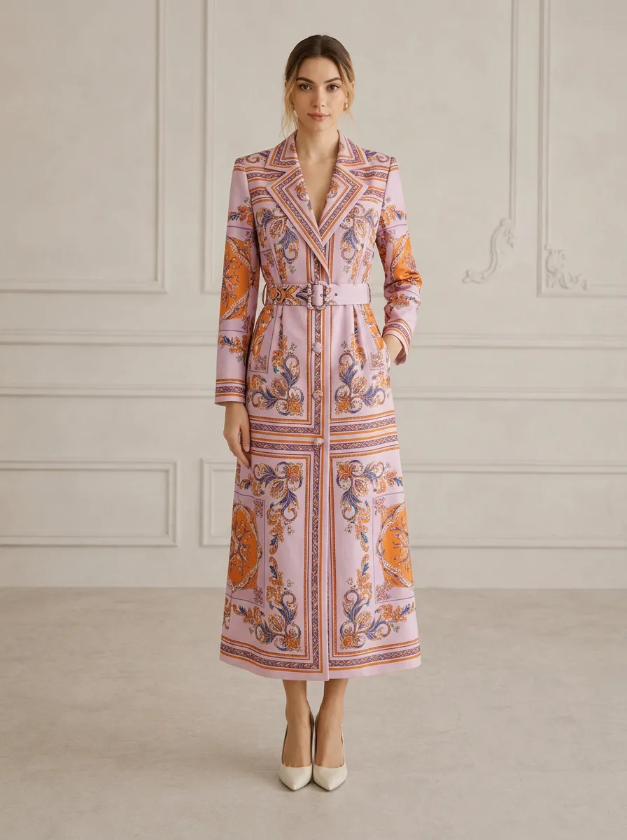 Women's Vintage Baroque Floral Printed Belted Trench Coat