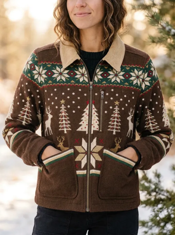 Christmas Reindeer Snowflake Tree Print Zip Jacket