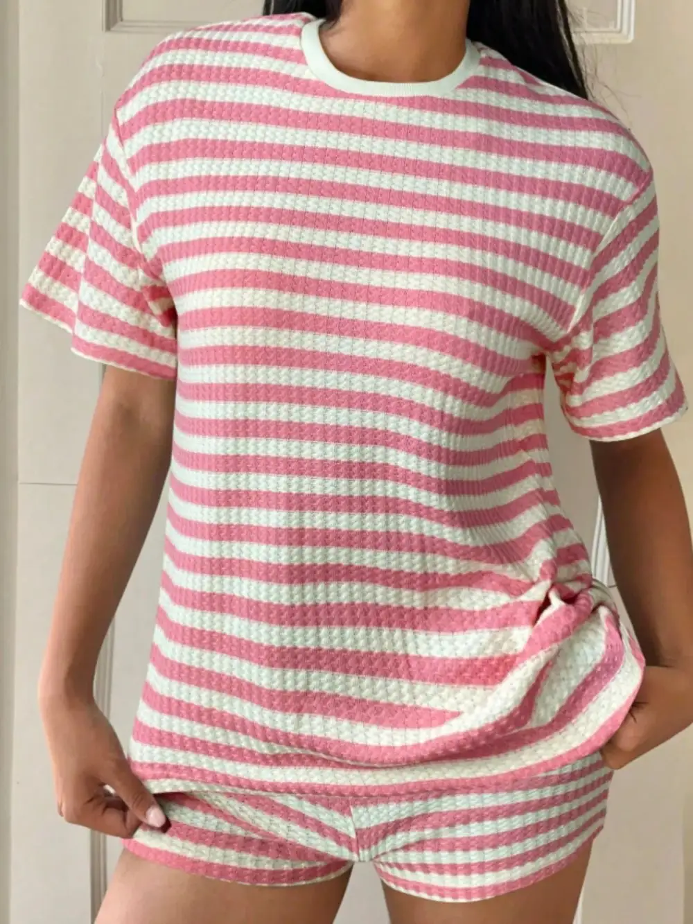 Relaxed Striped Round Neck Top Shorts Set