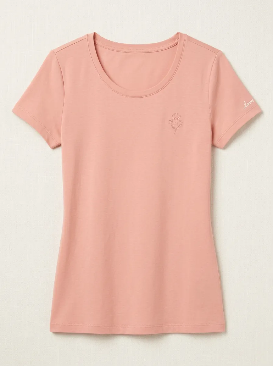 Women's Pink Minimalist Flower Love Embroidered T-shirt