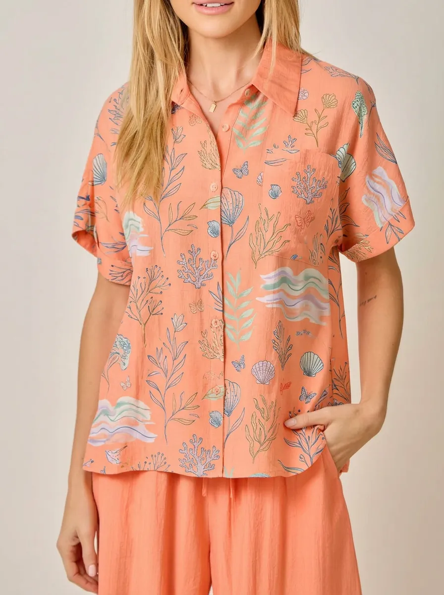 Women's Beach Vacation Coral Reef Seashell Printed Button-up Shirt