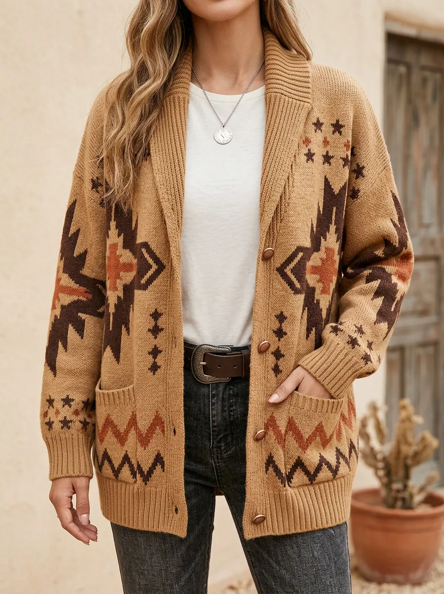 Women's Western B3 Aztec Star Geometric Pattern Knitted Cardigan