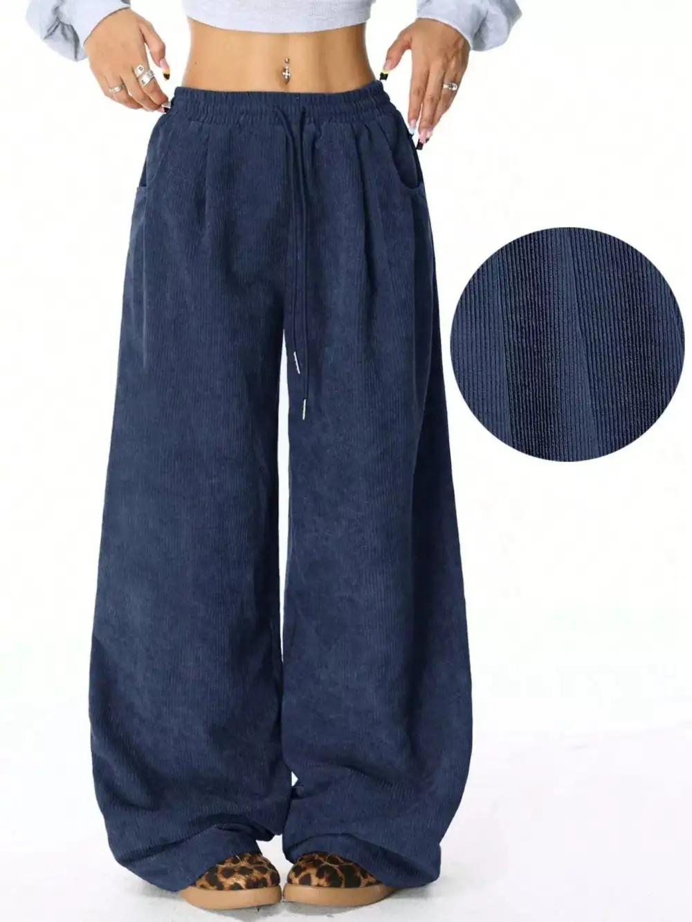 Corduroy Drawstring Relaxed Fit Pocketed Casual Pants
