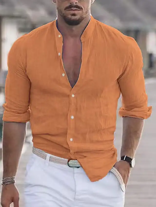 Men's Casual Linen Shirt With Modern Stand-up Collar And Roll-up Sleeves