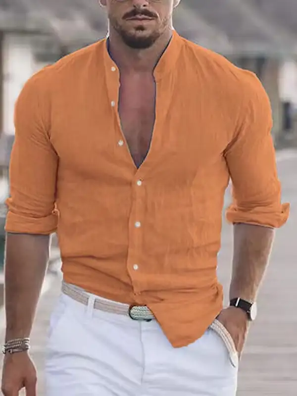 Men's Casual Linen Shirt With Modern Stand-up Collar And Roll-up Sleeves