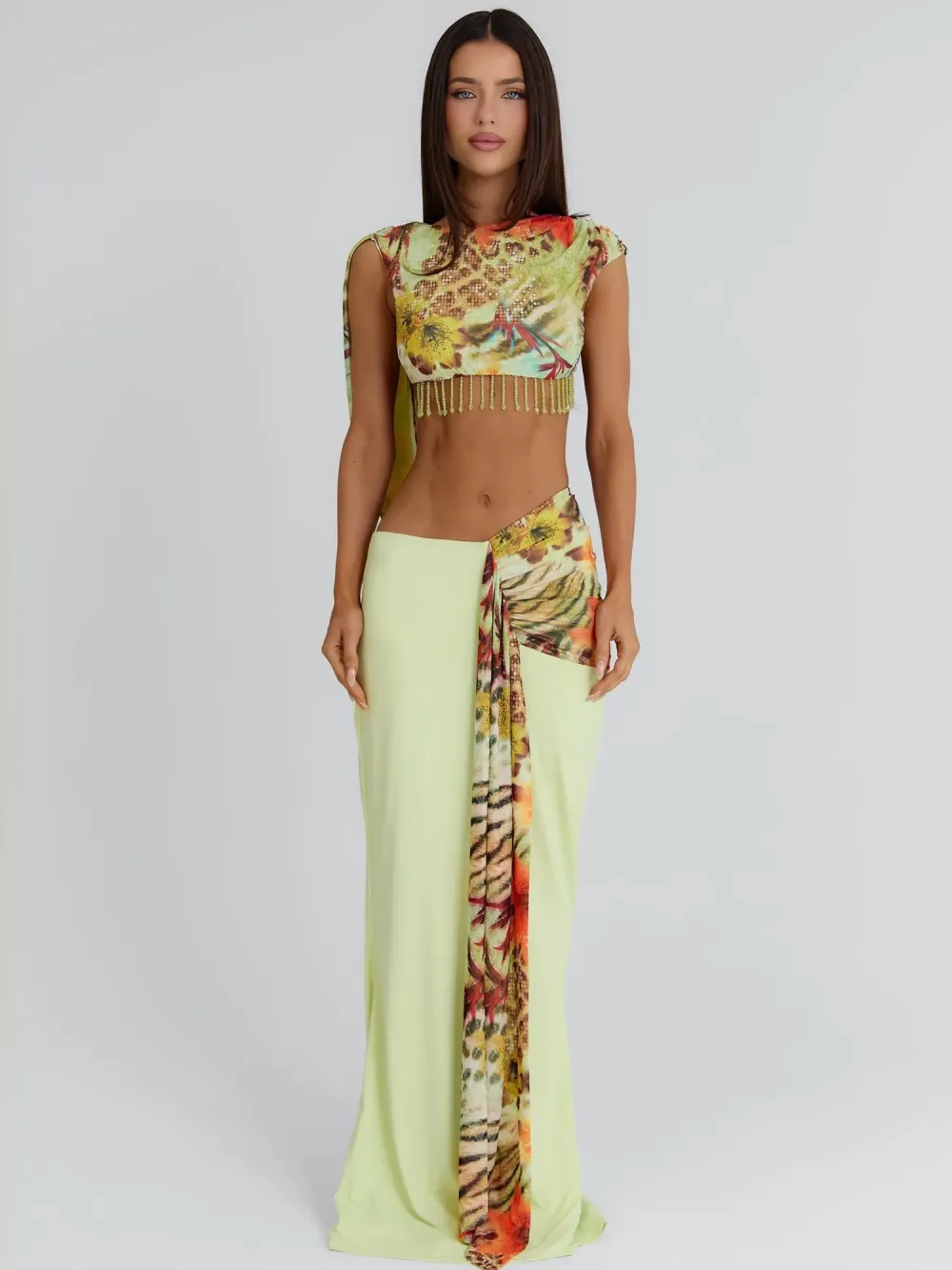 Grace Printed Beaded Tassel Maxi Skirt Set