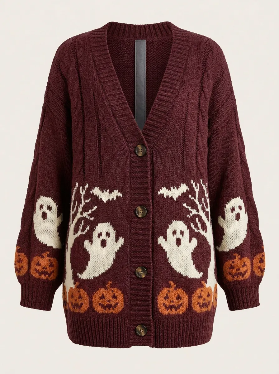 Women's Ghost Pumpkin Halloween Print Cardigan
