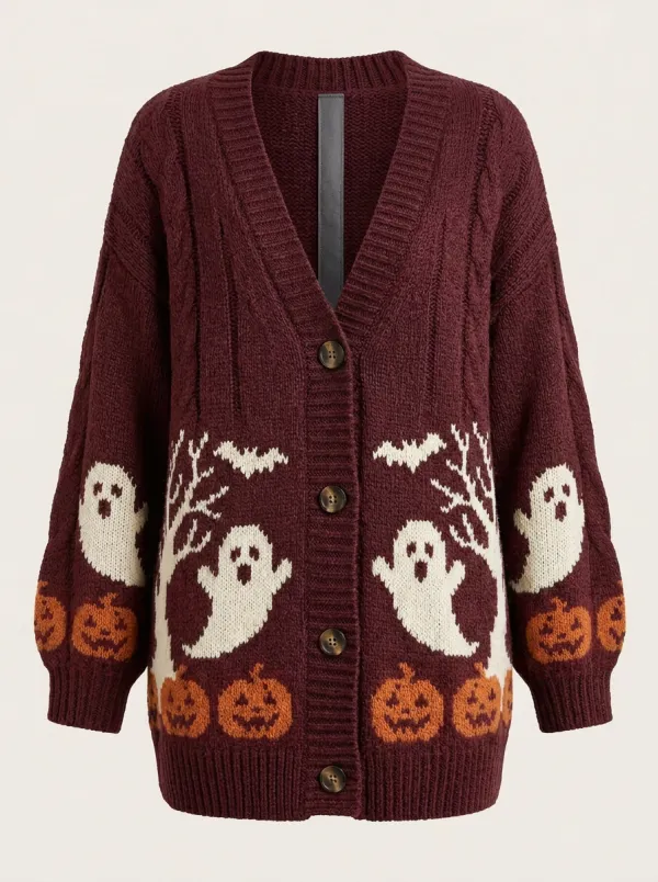 Women's Ghost Pumpkin Halloween Print Cardigan