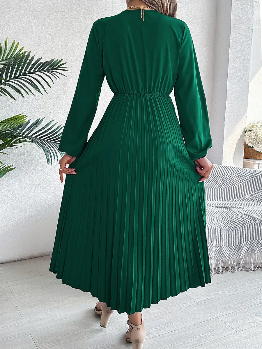 Elasticity Pleated Neck Maxi Dress