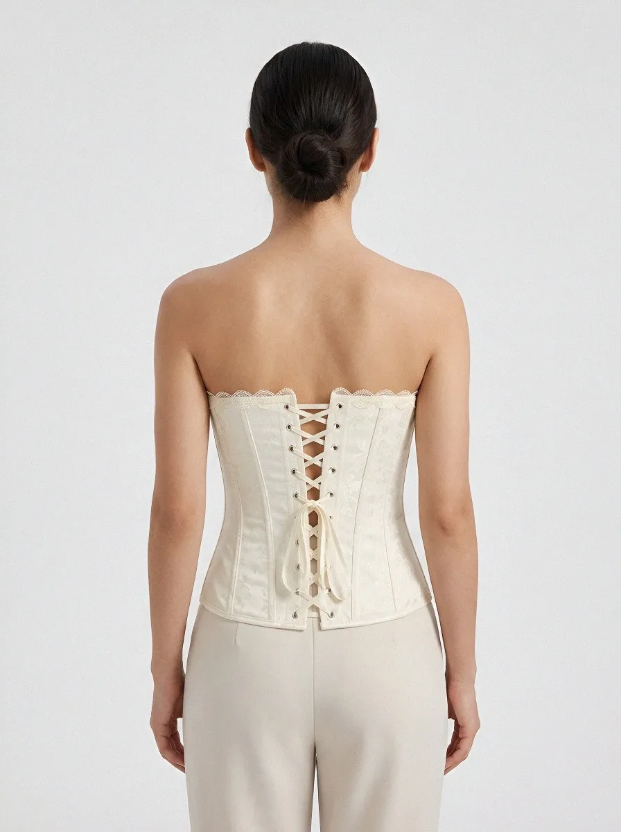 Floral Lace-Up Lace-Trim Button-Front Women's Corset Top