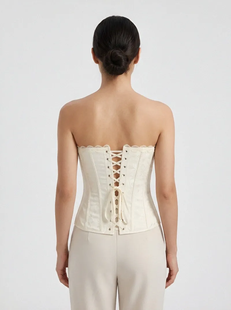 Floral Lace-Up Lace-Trim Button-Front Women's Corset Top