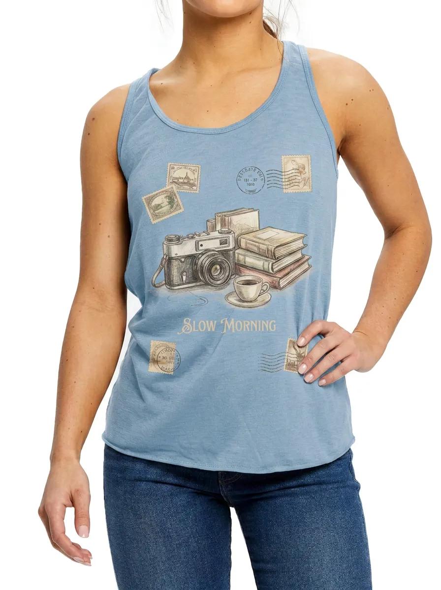 Women's Slow Morning Camera Books Coffee Stamp Printed Tank Top