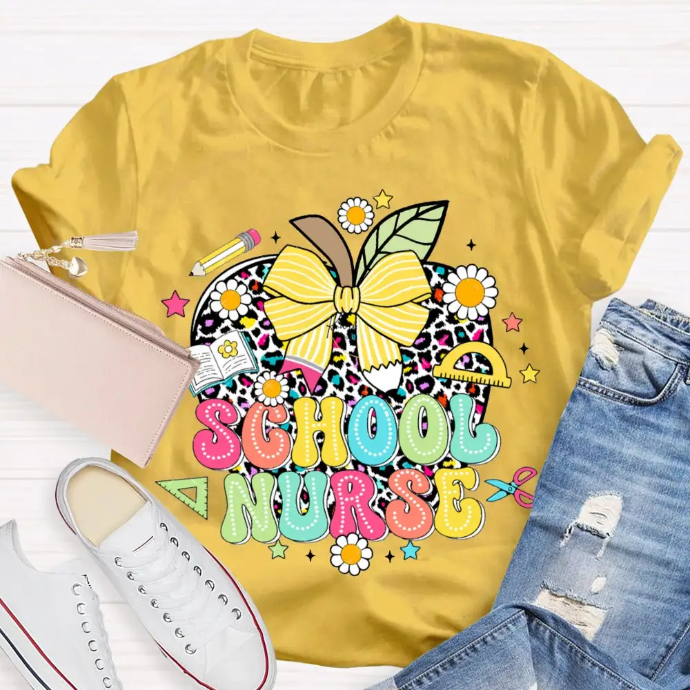 School Nurse Polka Dot Apple And Bow T-Shirt