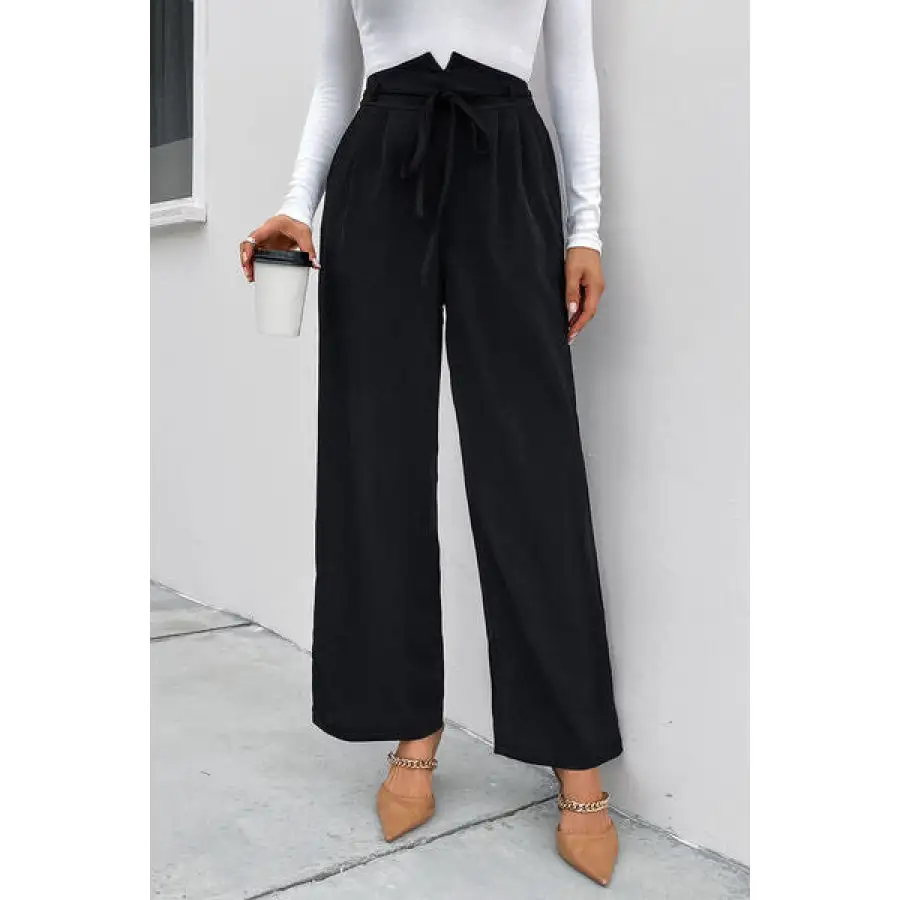 High Waist Ruched Tie Front Wide Leg Pants