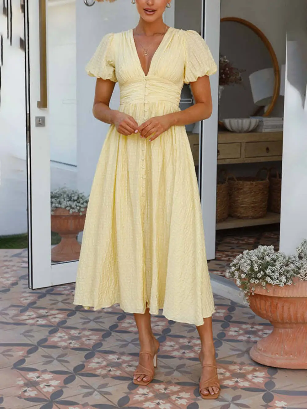 Puff Sleeve V Neck Long Oversized Midi Dress