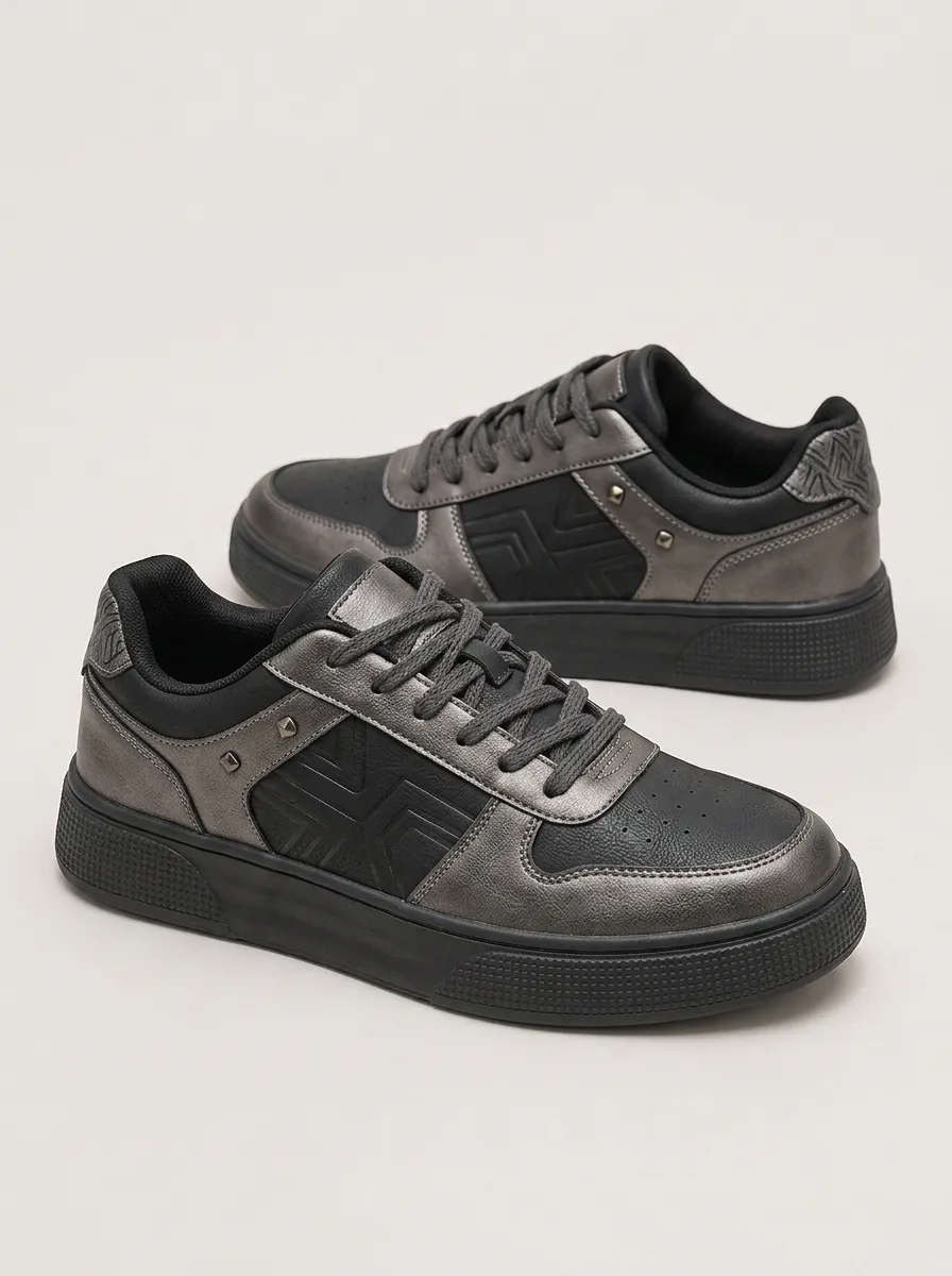 Men's Metallic Grey Geometric Pattern Studded Printed Sneakers