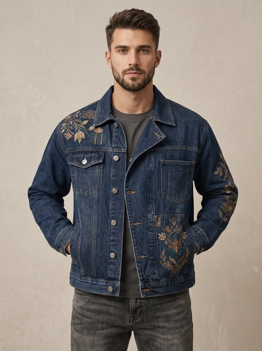 Men's Floral Patterned Style Vintage Inspired Denim Jacket