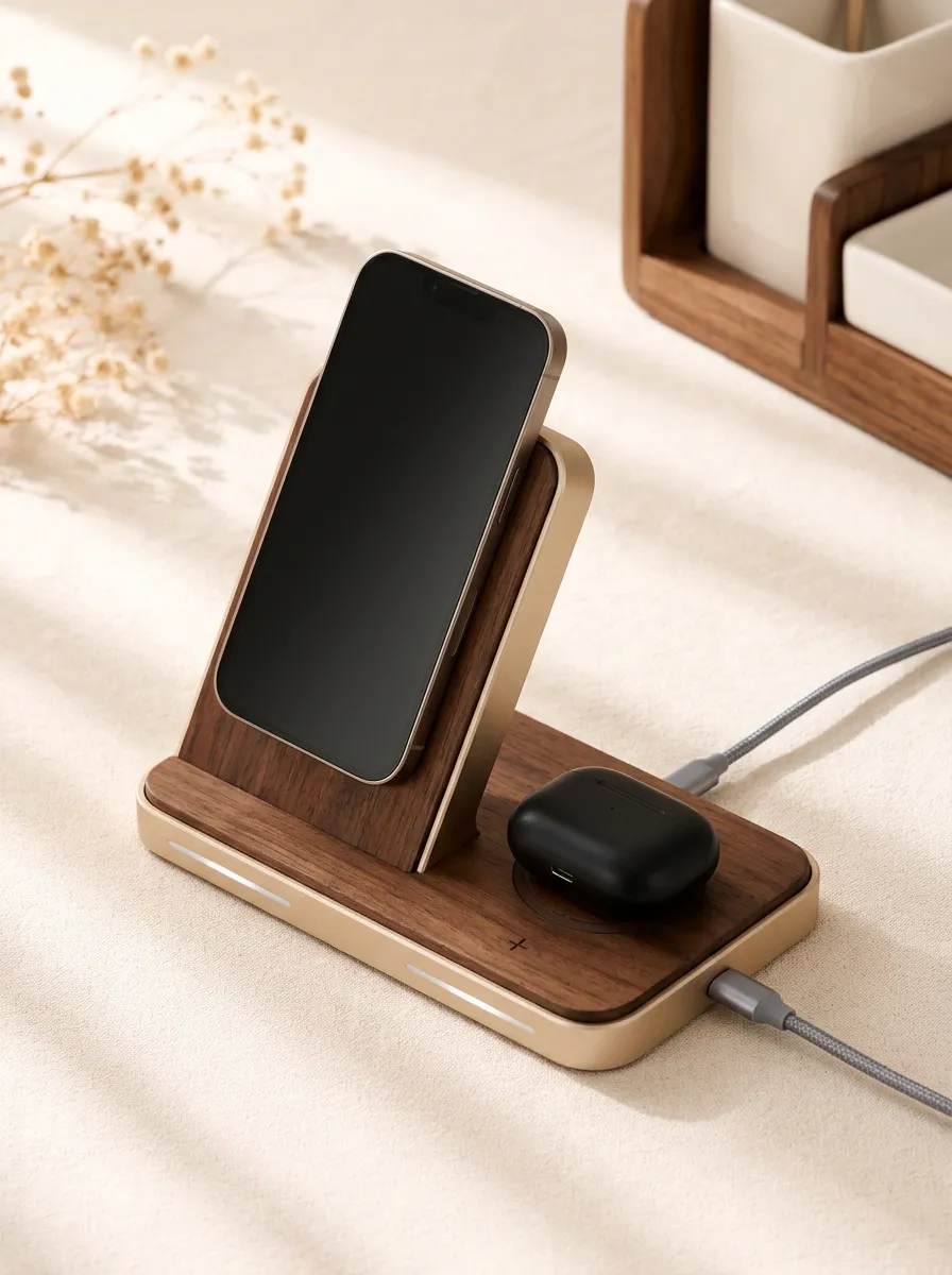 Unisex Tech Enthusiast Walnut Wood Minimalist Printed Charger
