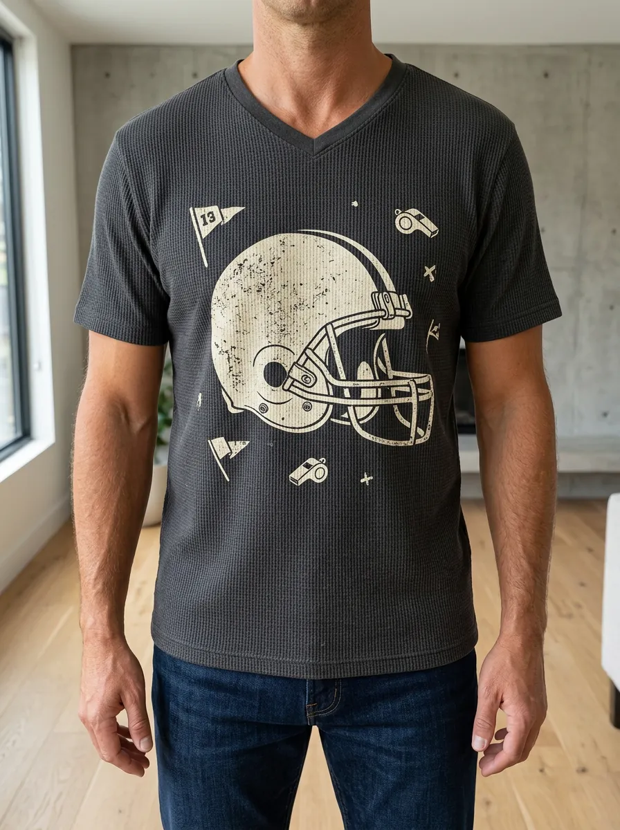 Men's American Football Lover Helmet Whistle Printed Waffle V-Neck T-Shirt
