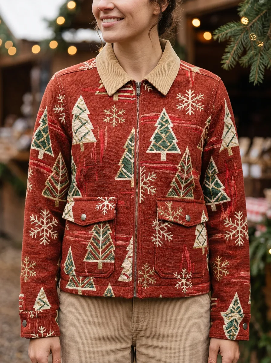 Winter Christmas Holiday Tree Snowflake Pattern Print Jacket