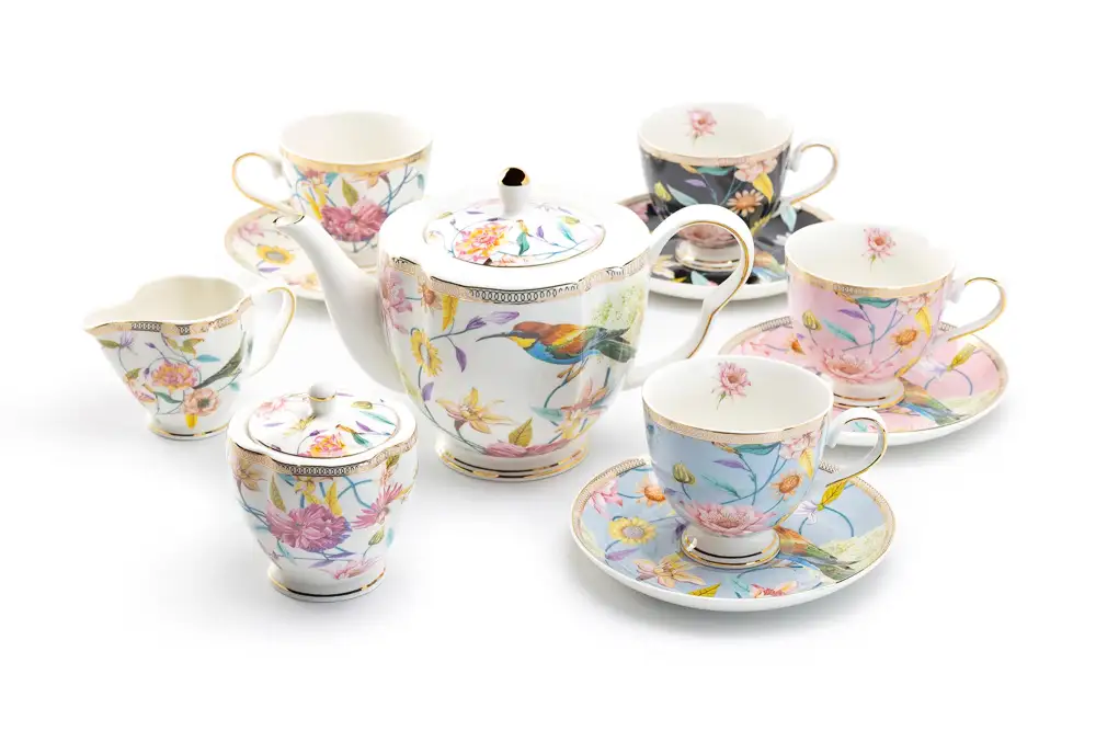 Spring Flowers Hummingbird Color Cups Porcelain Tea Set