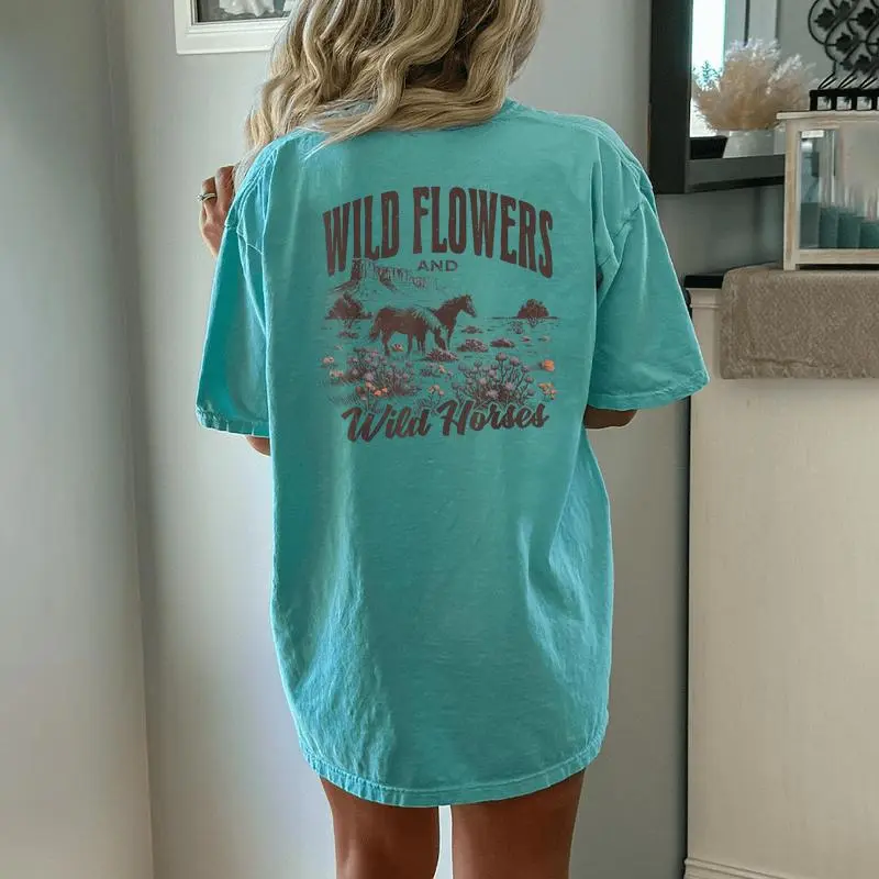 Wild Horses Wildflowers Western Cowgirl On Horse Cowboy Women's Oversized Comfort T-Shirt Back Print