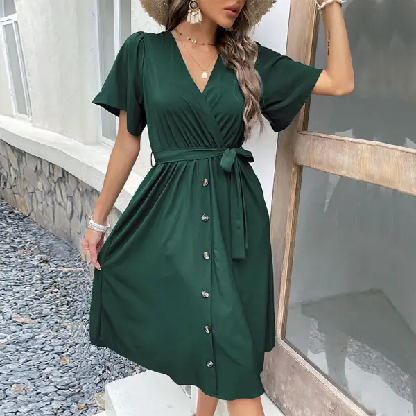 Women's Wrap V-Neck Belted Dress