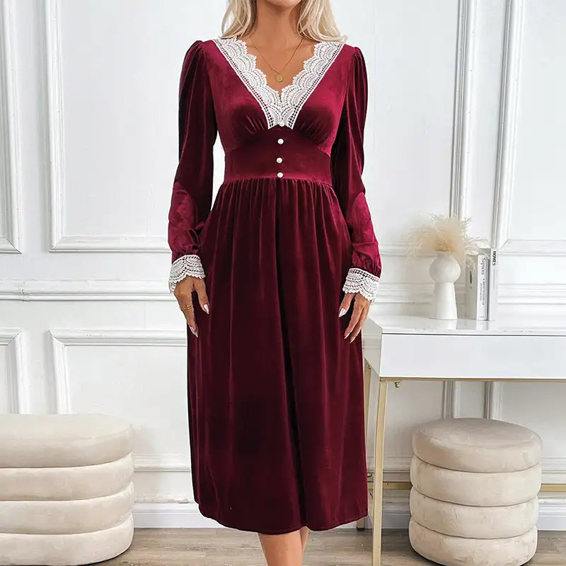 Women's V-Neck Long-Sleeve Lace Button-Detail Dress