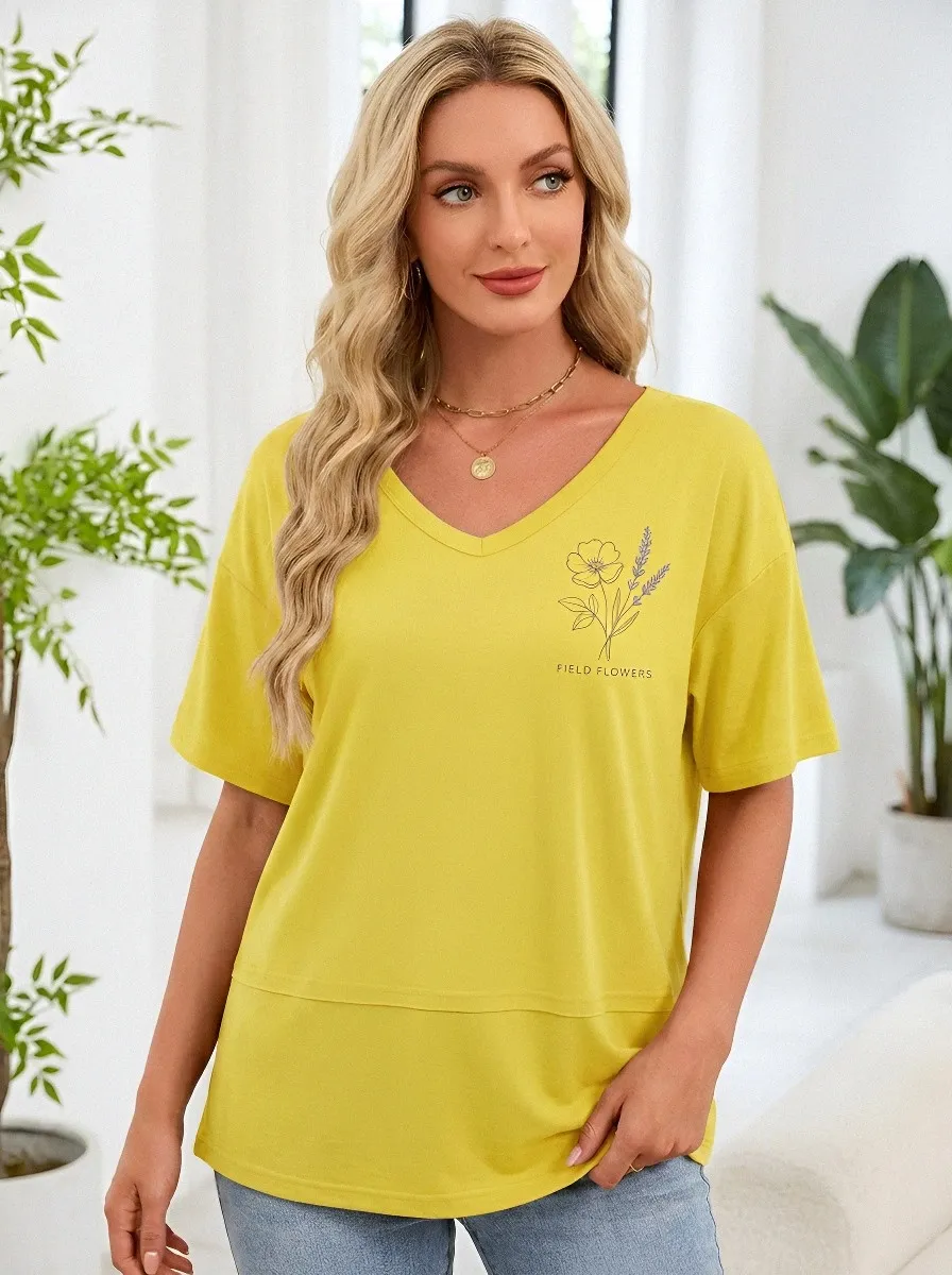 Women's Nature Lover Field Flowers Line Art Printed T-shirt