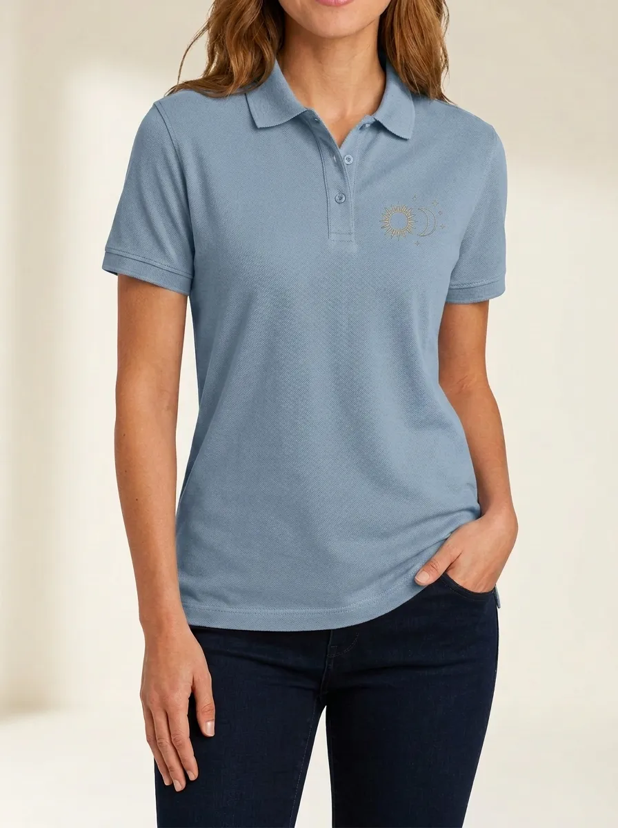 Women's Celestial Sun Moon Stars Printed Polo Shirt