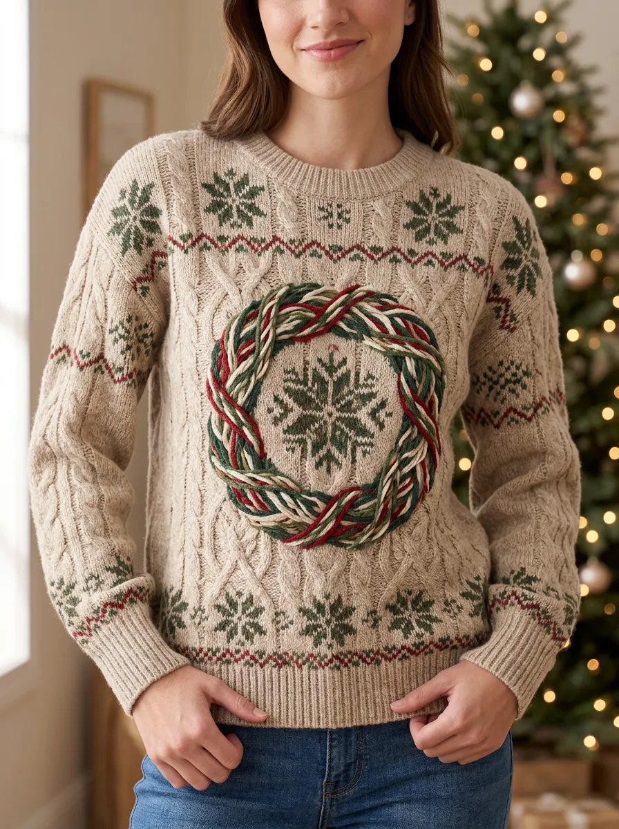 Festive Christmas Holiday Wreath Snowflake Pattern Knitted Sweater