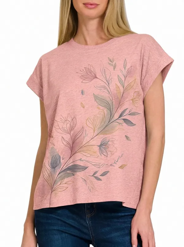 Women's Botanical Floral Art Watercolor Printed T-shirt