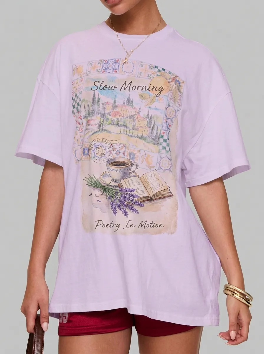 Women's Slow Morning Coffee Lavender Book Printed T-shirt