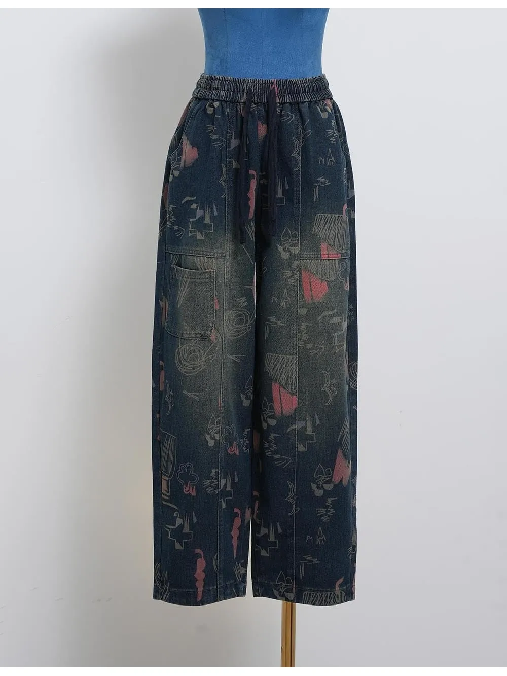 Graphic Elastic Waist Barrel Leg Denim Pants