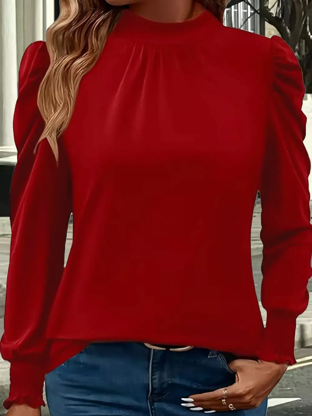 Mock Neck Puff Sleeve Blouse