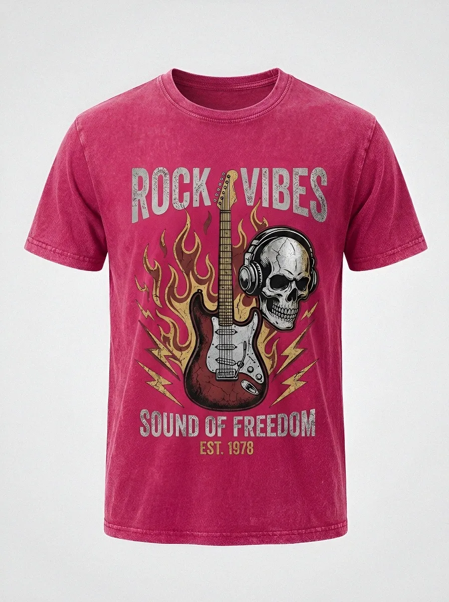Men's Rock Music Lover Skull Guitar Fire Printed T-shirt