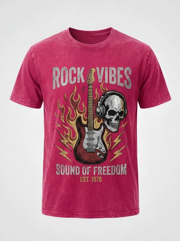 Men's Rock Music Lover Skull Guitar Fire Printed T-shirt