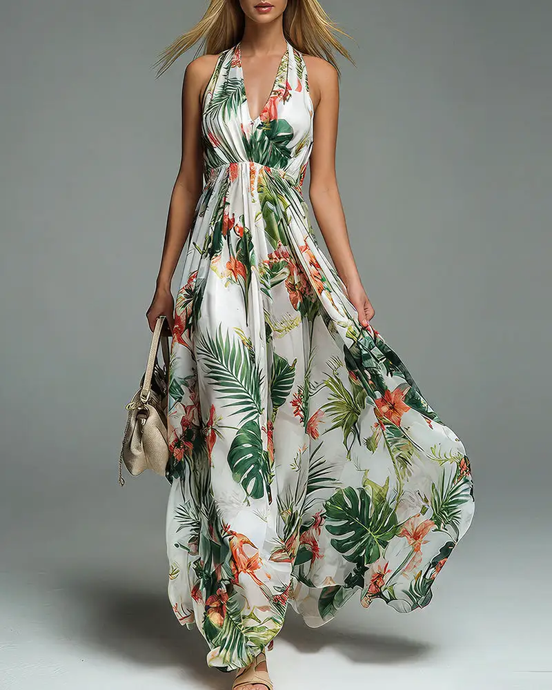 Boho Halter Neck Deep-V Flowy Maxi Dress
